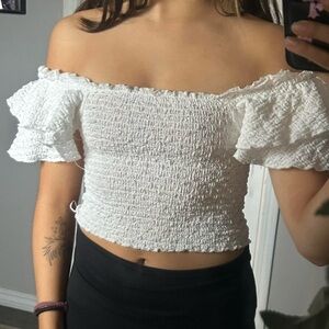 SHEIN White Ruffled Off-Shoulder Crop Top